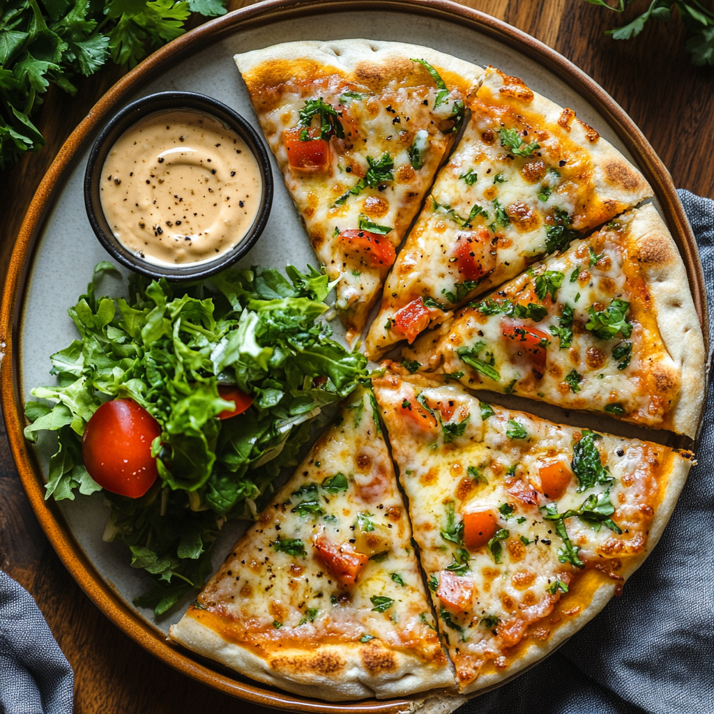 Serving pita bread pizza with salad