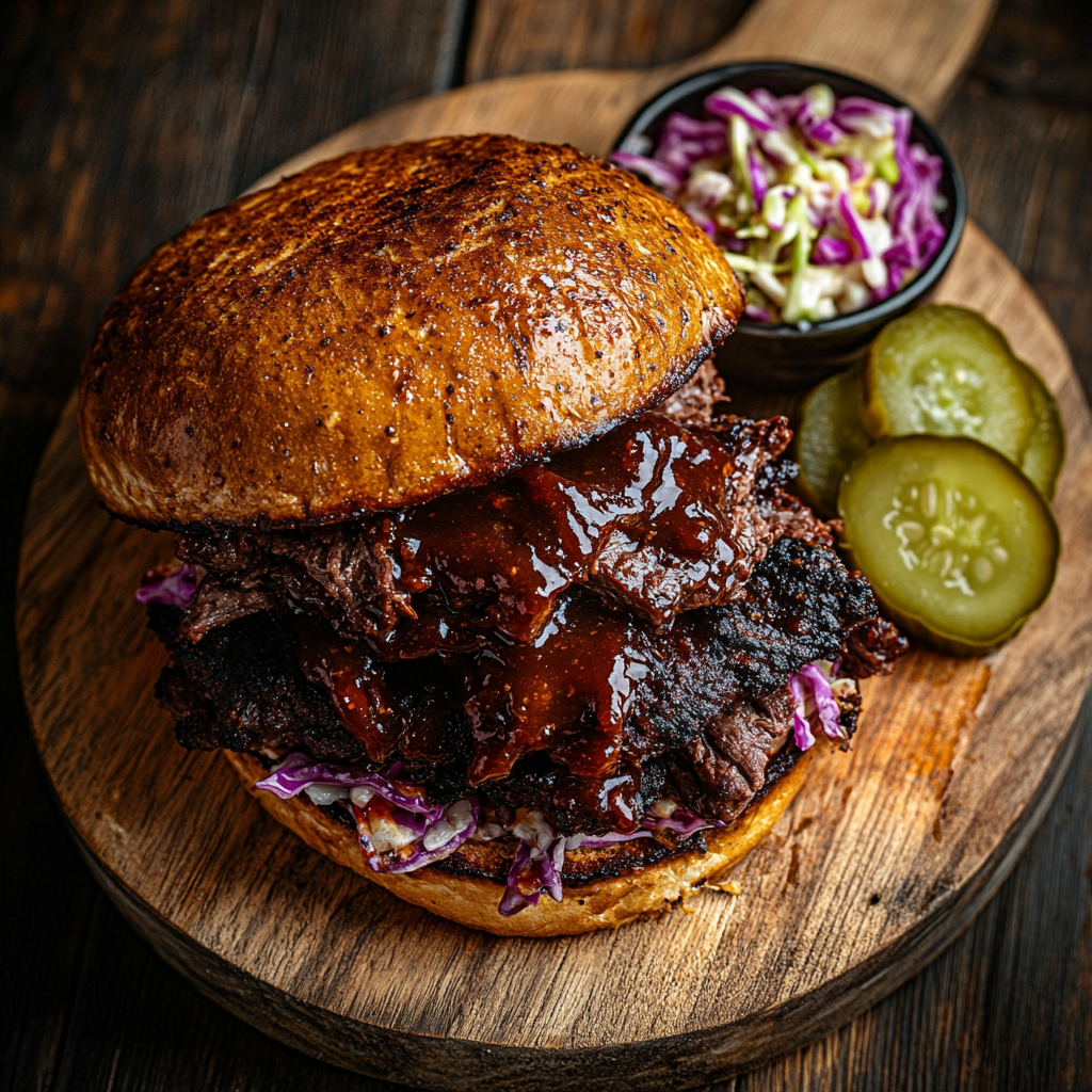 BBQ beef sandwich with slaw and pickles