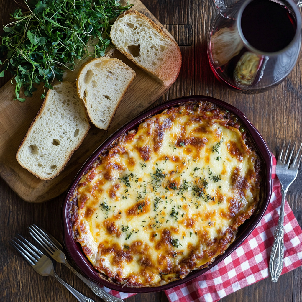 Full cheese lasagna meal setup