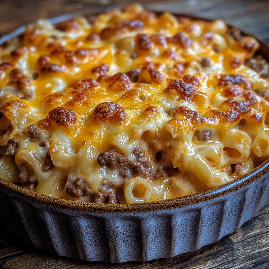 Baked cheeseburger casserole with golden cheese