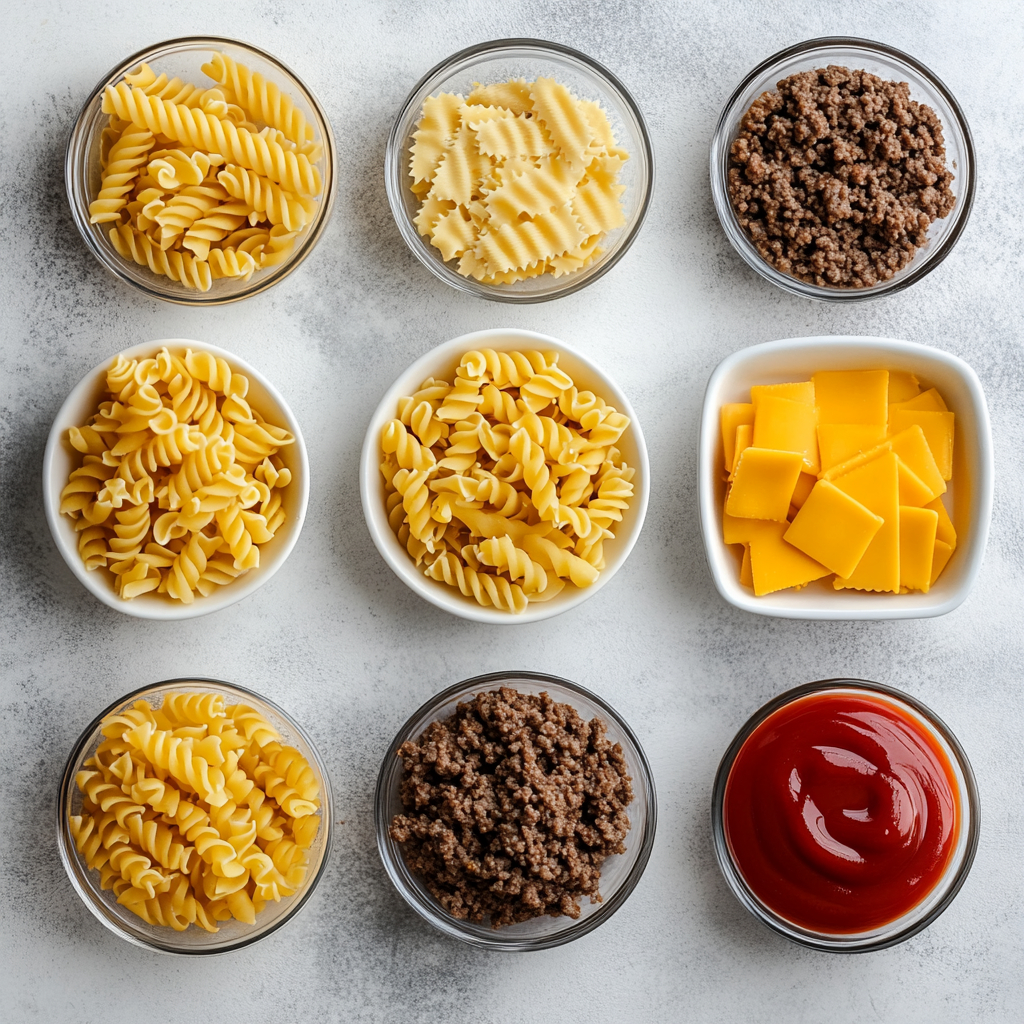 Cheeseburger Casserole: The Best Comfort Dish That’s Always a Hit 5 Cheeseburger casserole ingredients on countertop