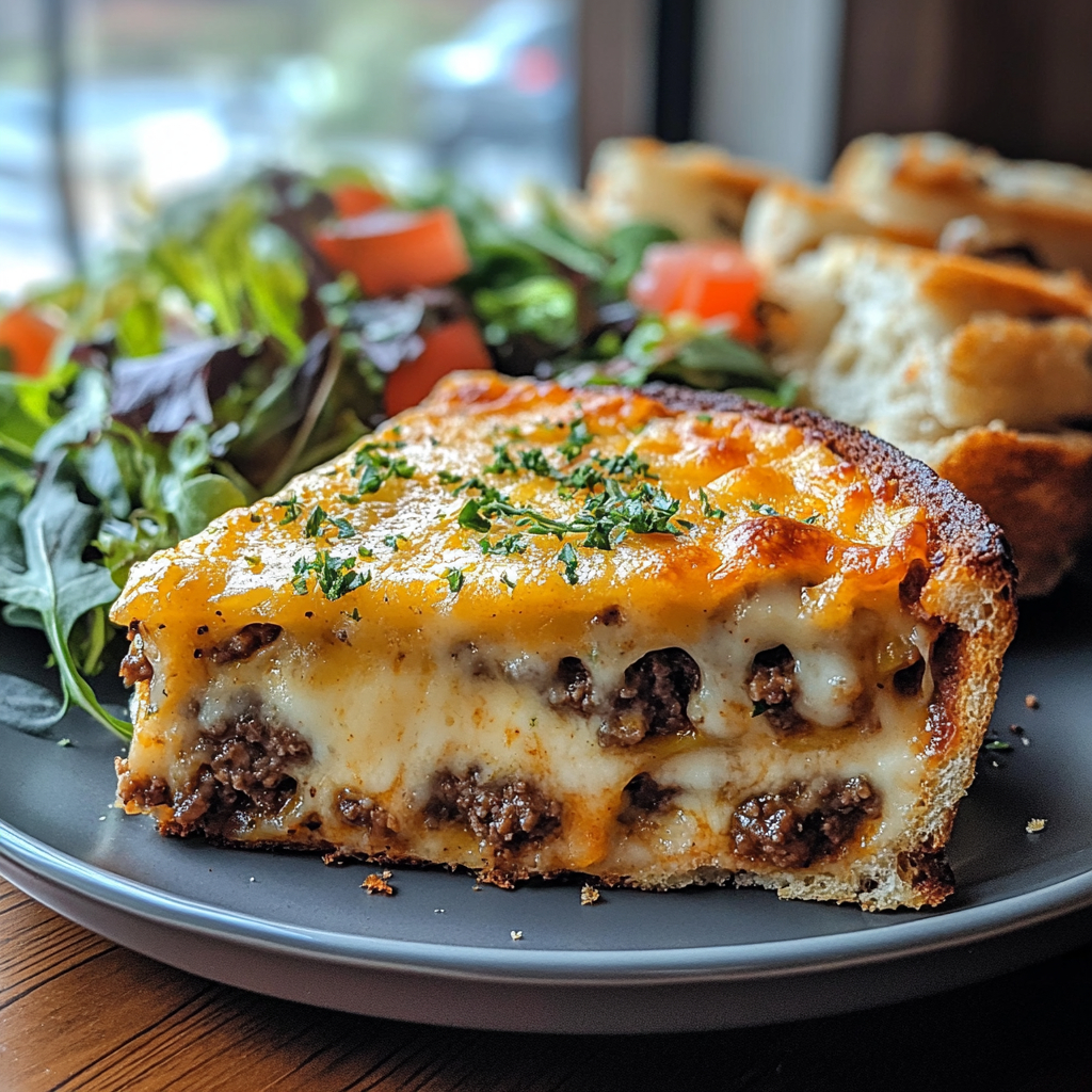 Cheeseburger Casserole: The Best Comfort Dish That’s Always a Hit 7 Cheeseburger casserole served with salad and garlic bread