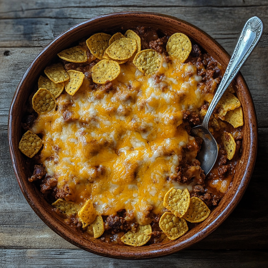 Close-up of a freshly baked chili frito pie casserole