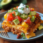 Topped chili frito pie casserole slice on a plate