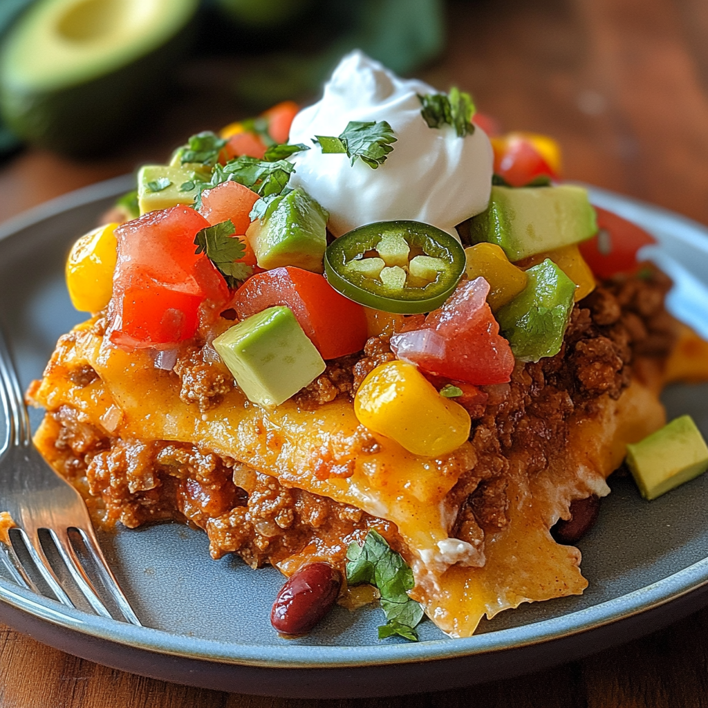 The Ultimate Chili Frito Pie Casserole Guide: A Bold and Easy Comfort Food Classic 6 Topped chili frito pie casserole slice on a plate