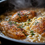 Simmering chicken orzo in one skillet