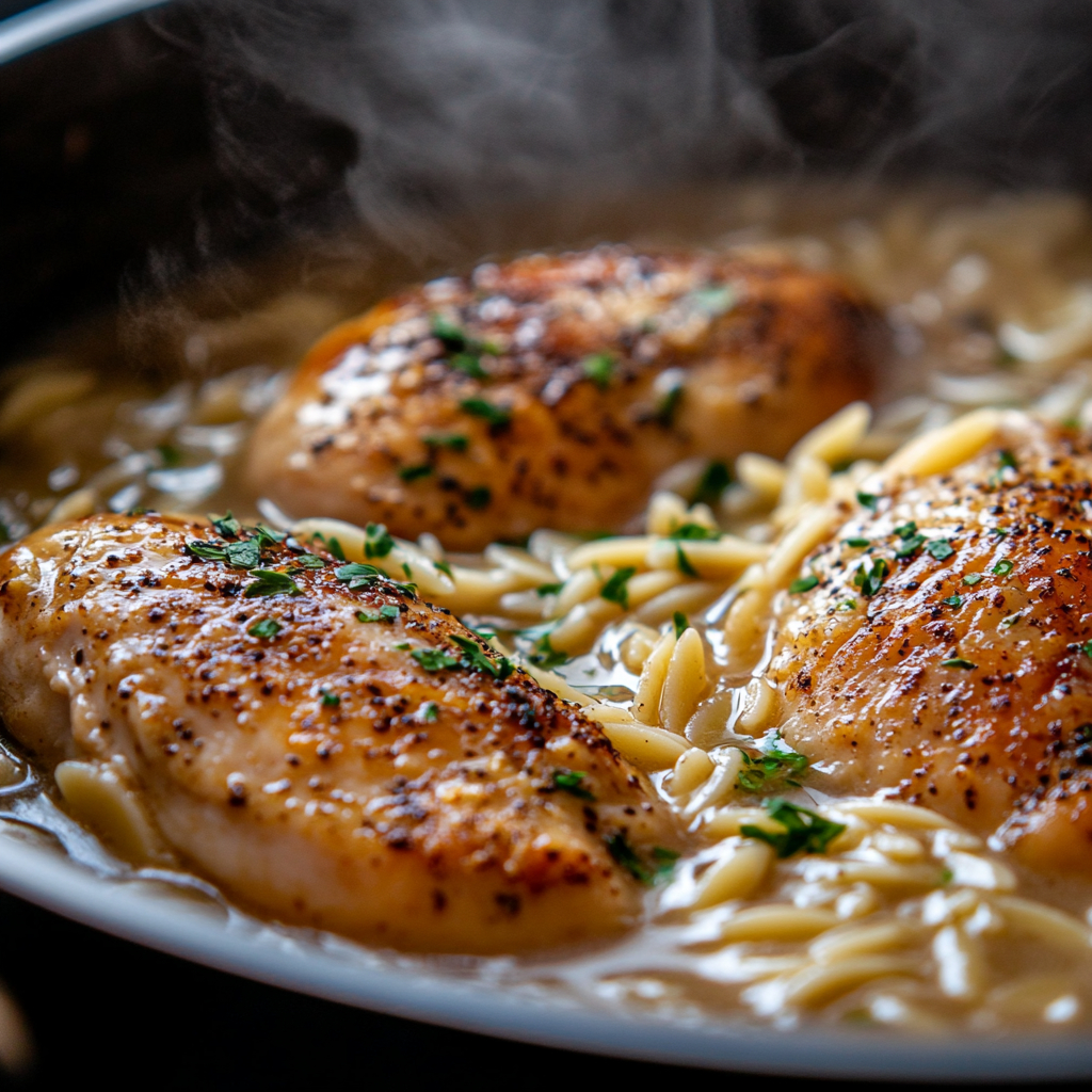 One Pan Chicken Orzo Recipe – The Ultimate Creamy, Comforting Weeknight Dinner 6 Simmering chicken orzo in one skillet