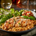 One-Pan Marry Me Chicken Orzo Recipe served creamy in skillet with golden chicken