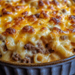 Baked cheeseburger casserole with golden cheese