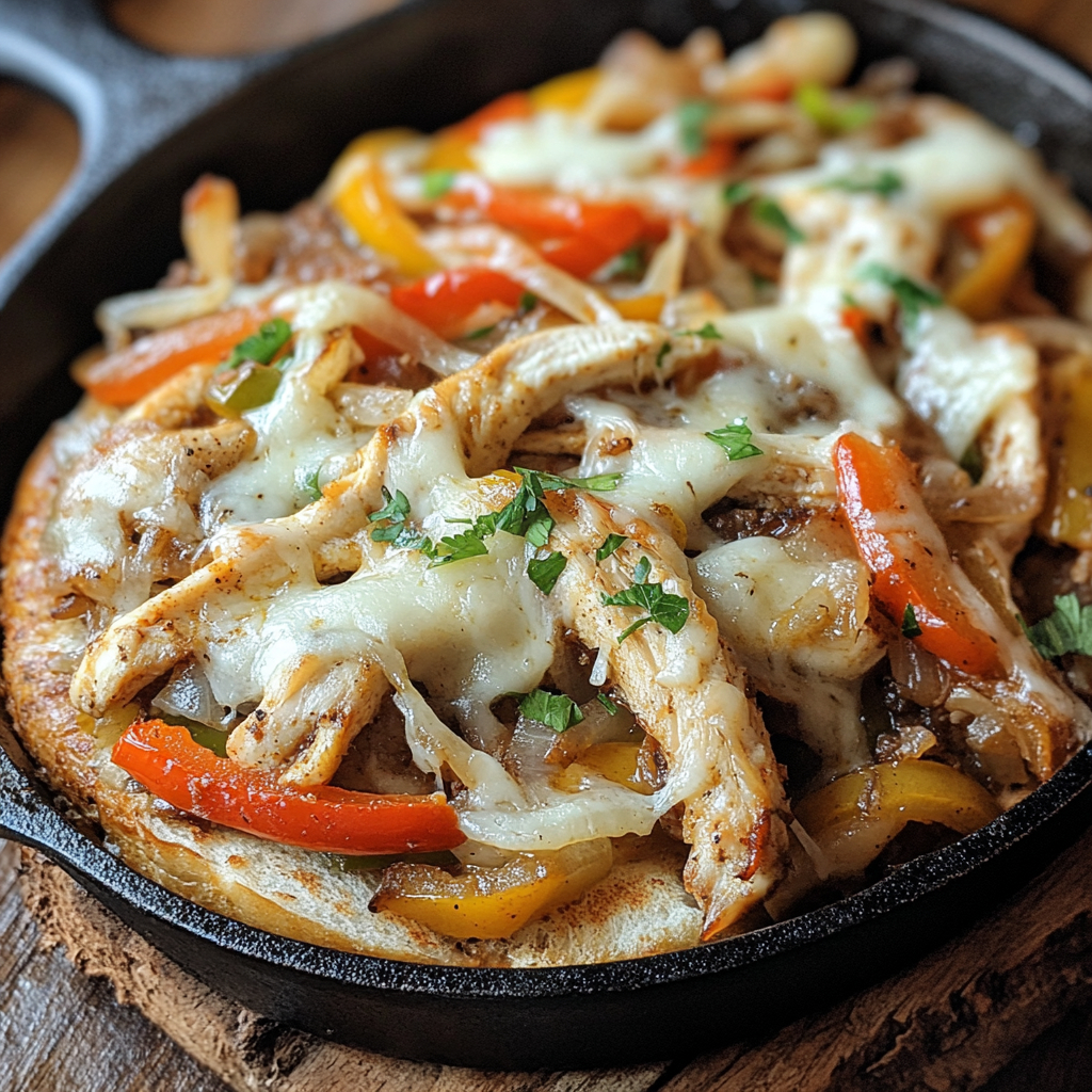 Easy Chicken Cheesesteak Skillet in cast iron pan