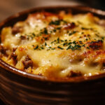 Hunters casserole with ground venison recipe in a rustic baking dish