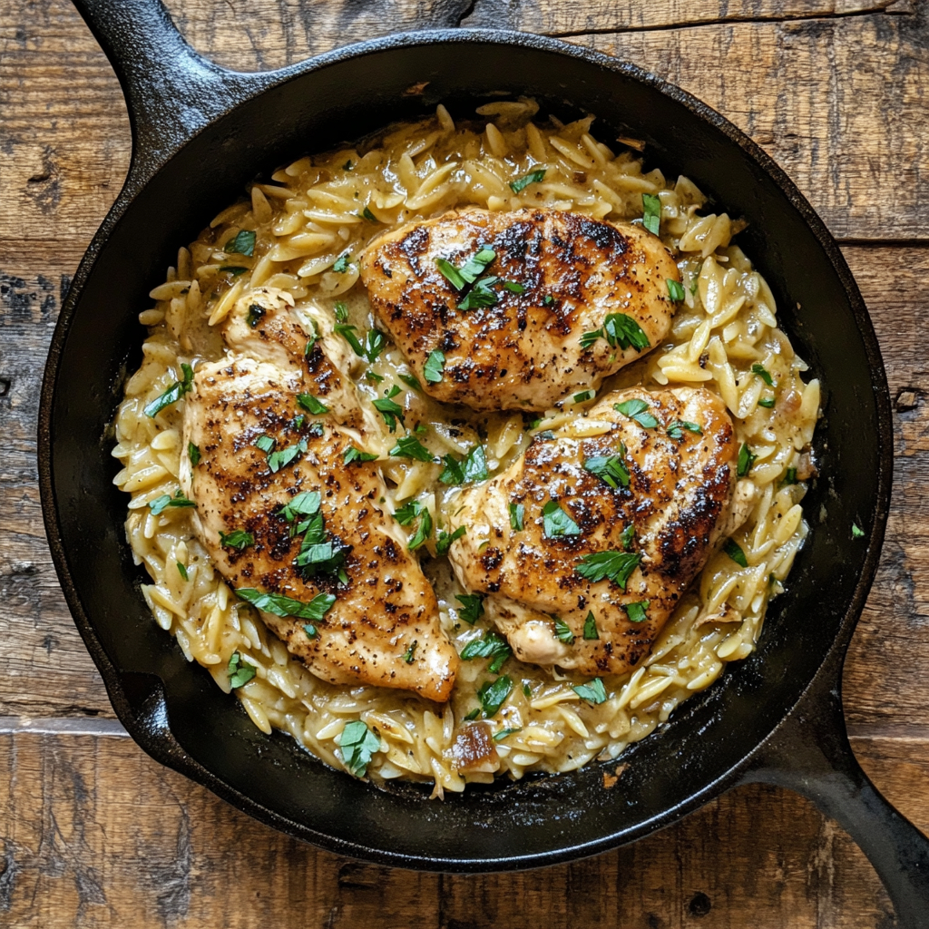 One pan chicken orzo recipe with golden seared chicken