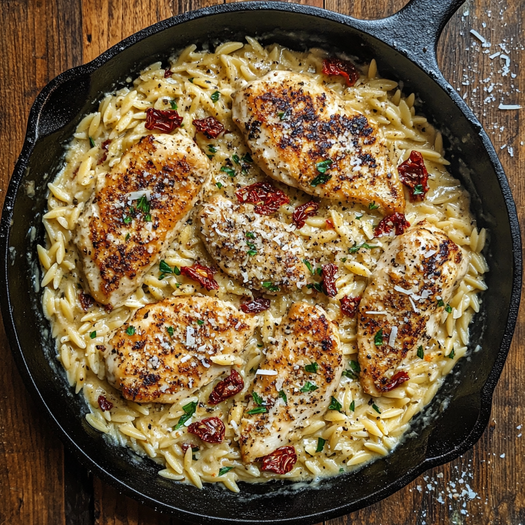 One-Pan Marry Me Chicken Orzo Recipe served creamy in skillet with golden chicken