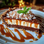 Served slice of chocolate coconut pie with caramel