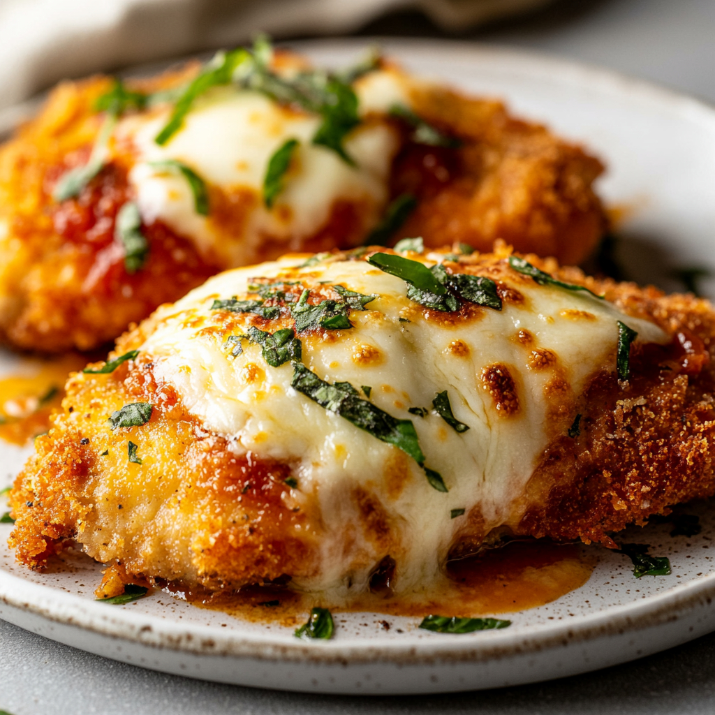 baked chicken parmesan fresh from the oven with melted mozzarella