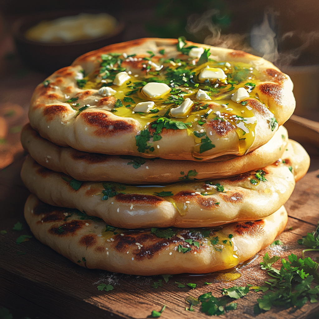 recipe garlic naan bread on wooden board