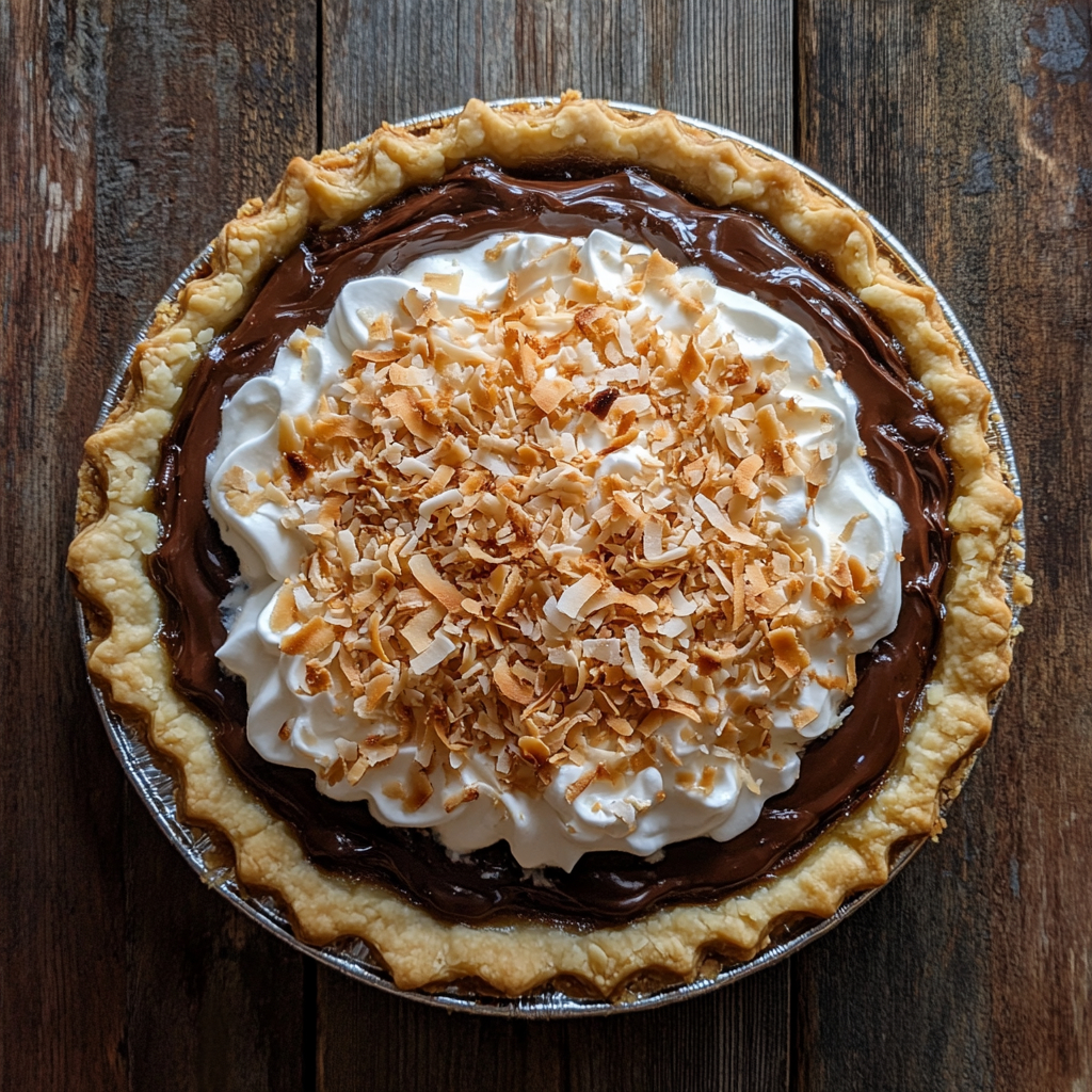 Chocolate Coconut Pie with whipped cream and toasted coconut