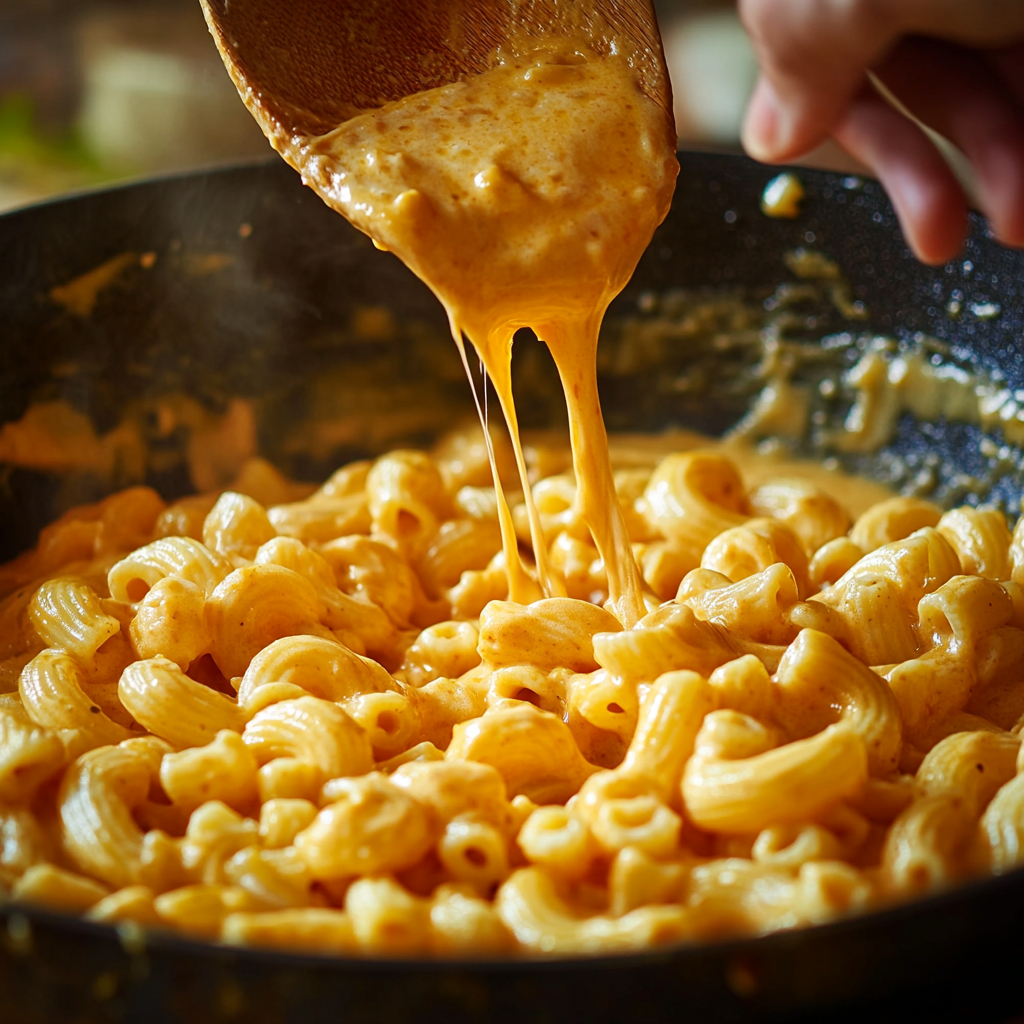mixing sauce in easy mac and cheese recipe baked