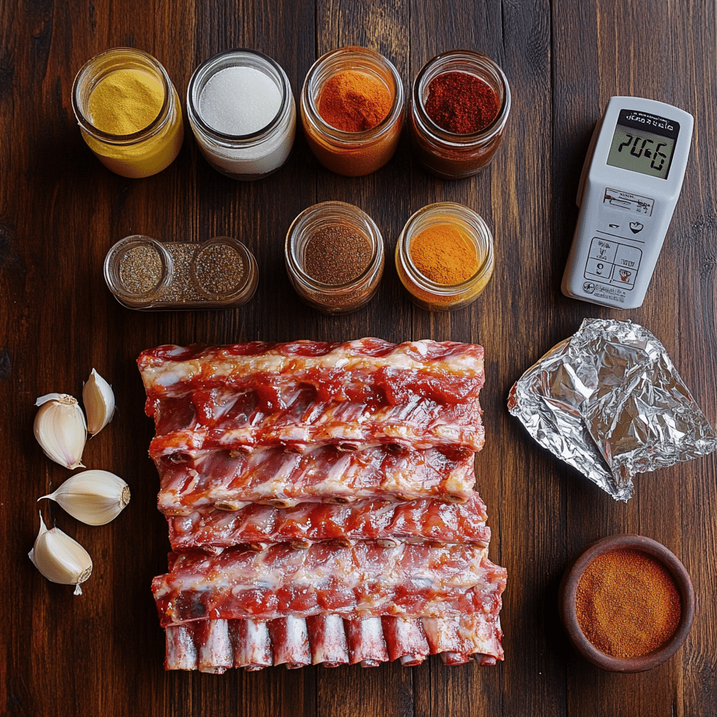 BBQ rib ingredients laid out on table