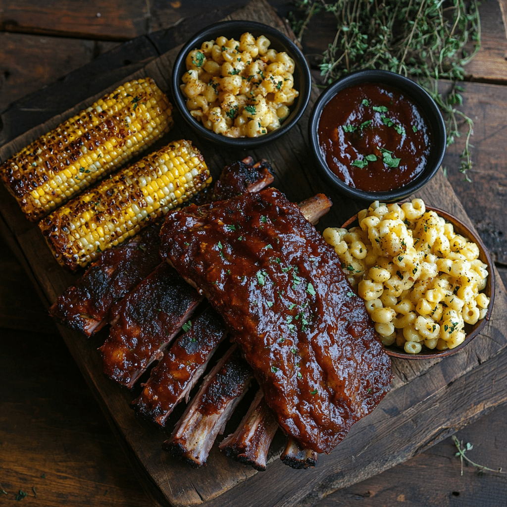 fall off bone BBQ ribs plated with sides