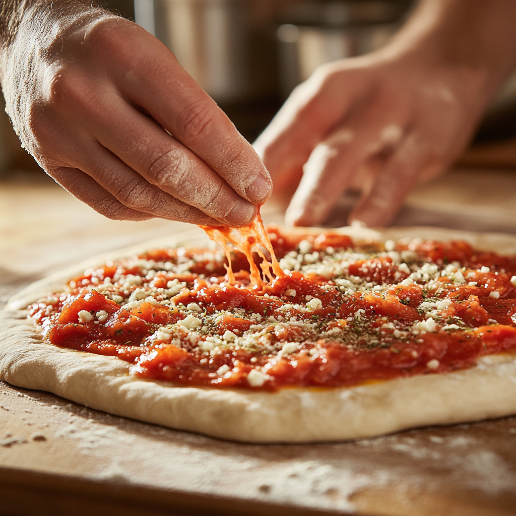 Spreading tomato sauce on pizza dough