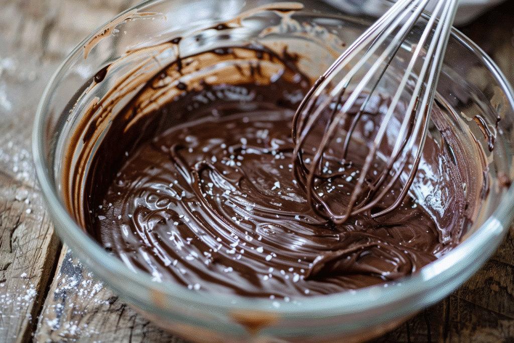 Mixing chocolate fudge cake batter in bowl