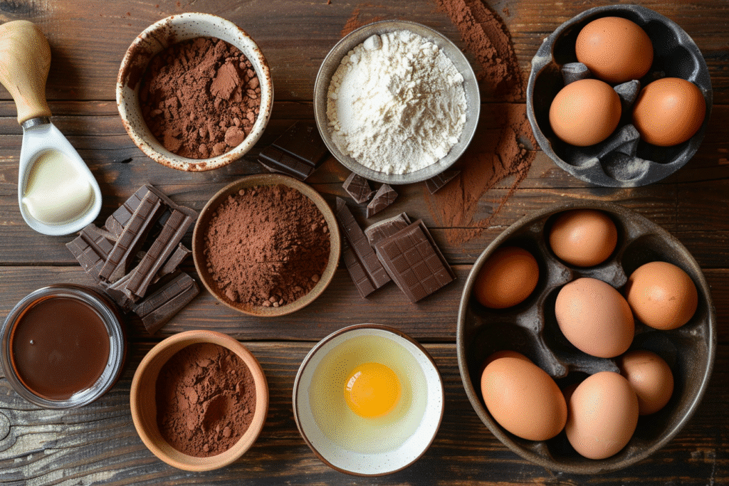 Ingredients for chocolate fudge cake with chocolate cream frosting