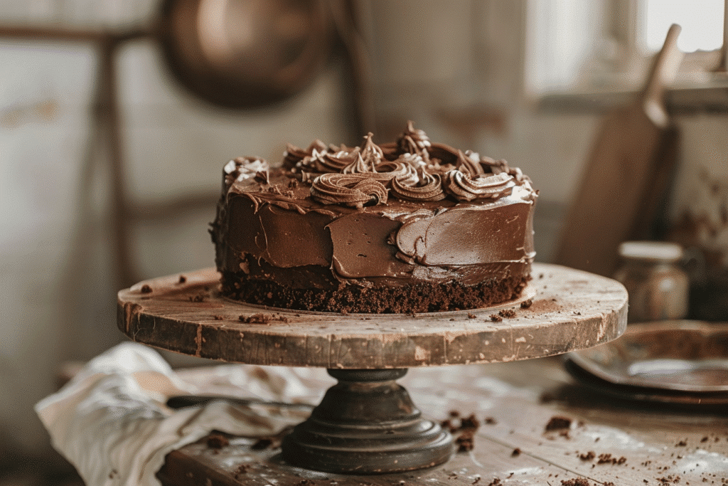 Chocolate fudge cake with chocolate cream frosting on wooden cake stand