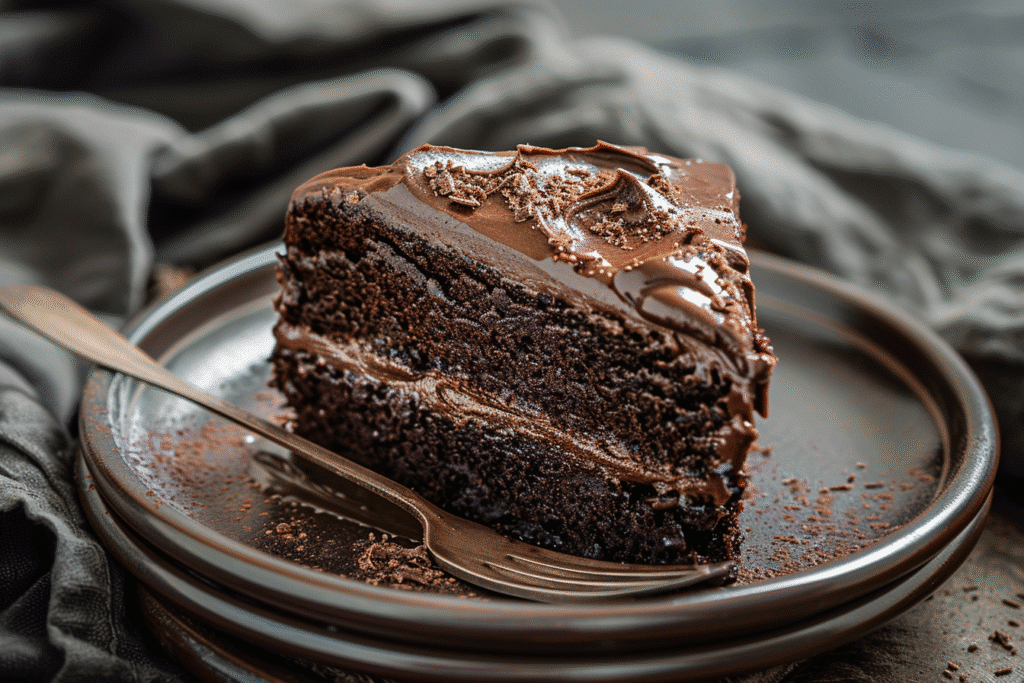 Slice of chocolate fudge cake with chocolate cream frosting