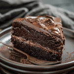 Slice of chocolate fudge cake with chocolate cream frosting