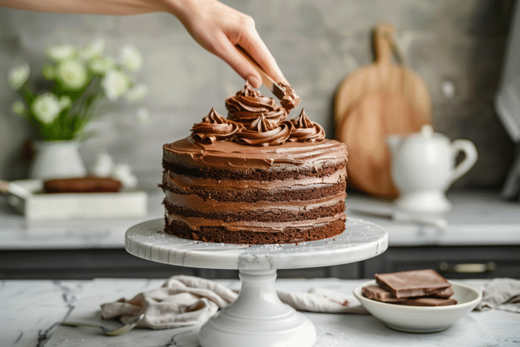 Spreading chocolate cream frosting on fudge cake