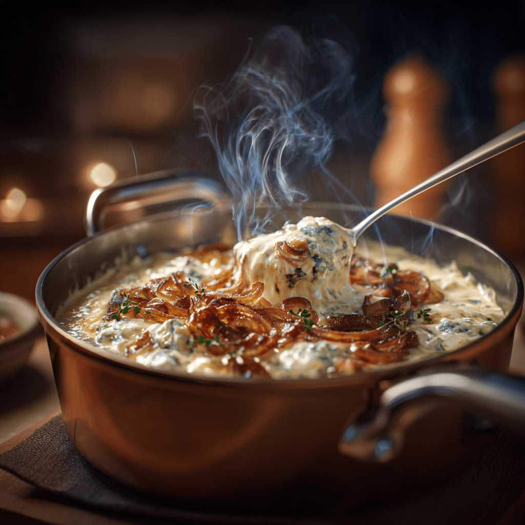 Melting blue cheese into cream sauce