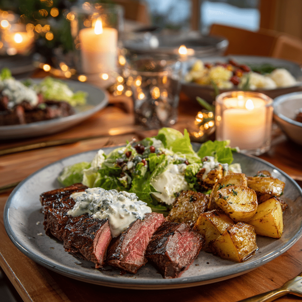 Bleu cheese steak sauce recipe plated with sides