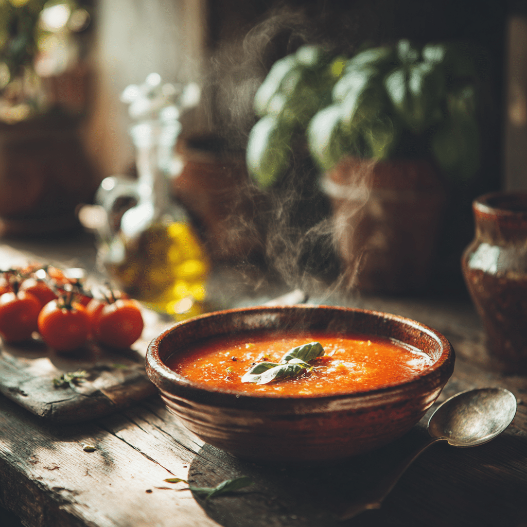 pappa al pomodoro tomato soup on rustic table