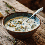 Bleu cheese sauce in rustic bowl with herbs