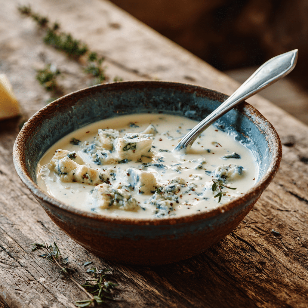 Bleu cheese sauce in rustic bowl with herbs