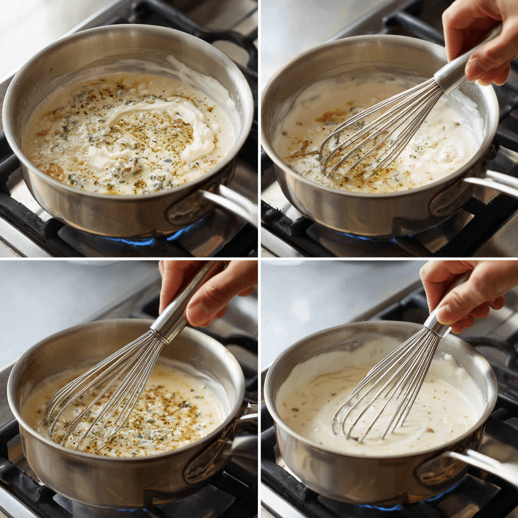 Cooking bleu cheese sauce on stovetop
