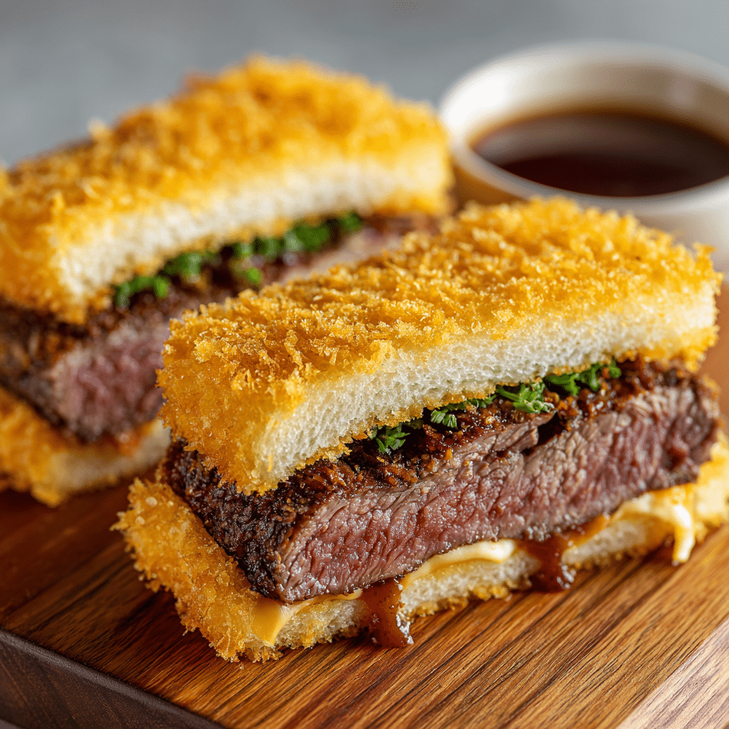 Wagyu katsu sandwich close-up on wooden board