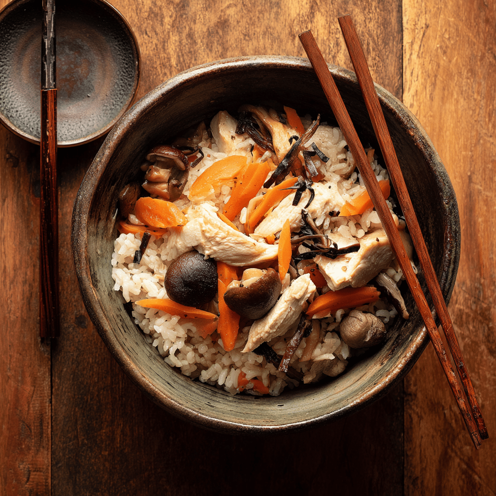 takikomi gohan recipe chicken in rustic bowl