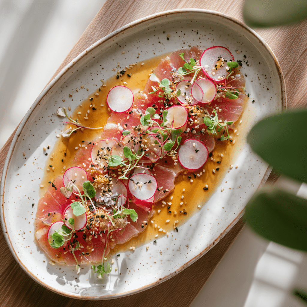 kanpachi carpaccio recipe served with ponzu and microgreens