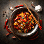 Hunan chicken stir fry with vegetables in bowl