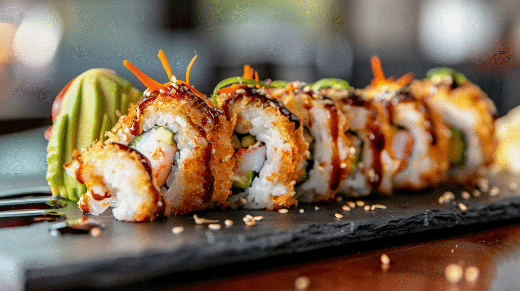 shrimp tempura sushi roll with avocado and eel sauce