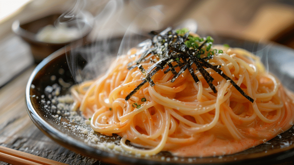 Creamy mentaiko pasta served in a bowl with nori topping