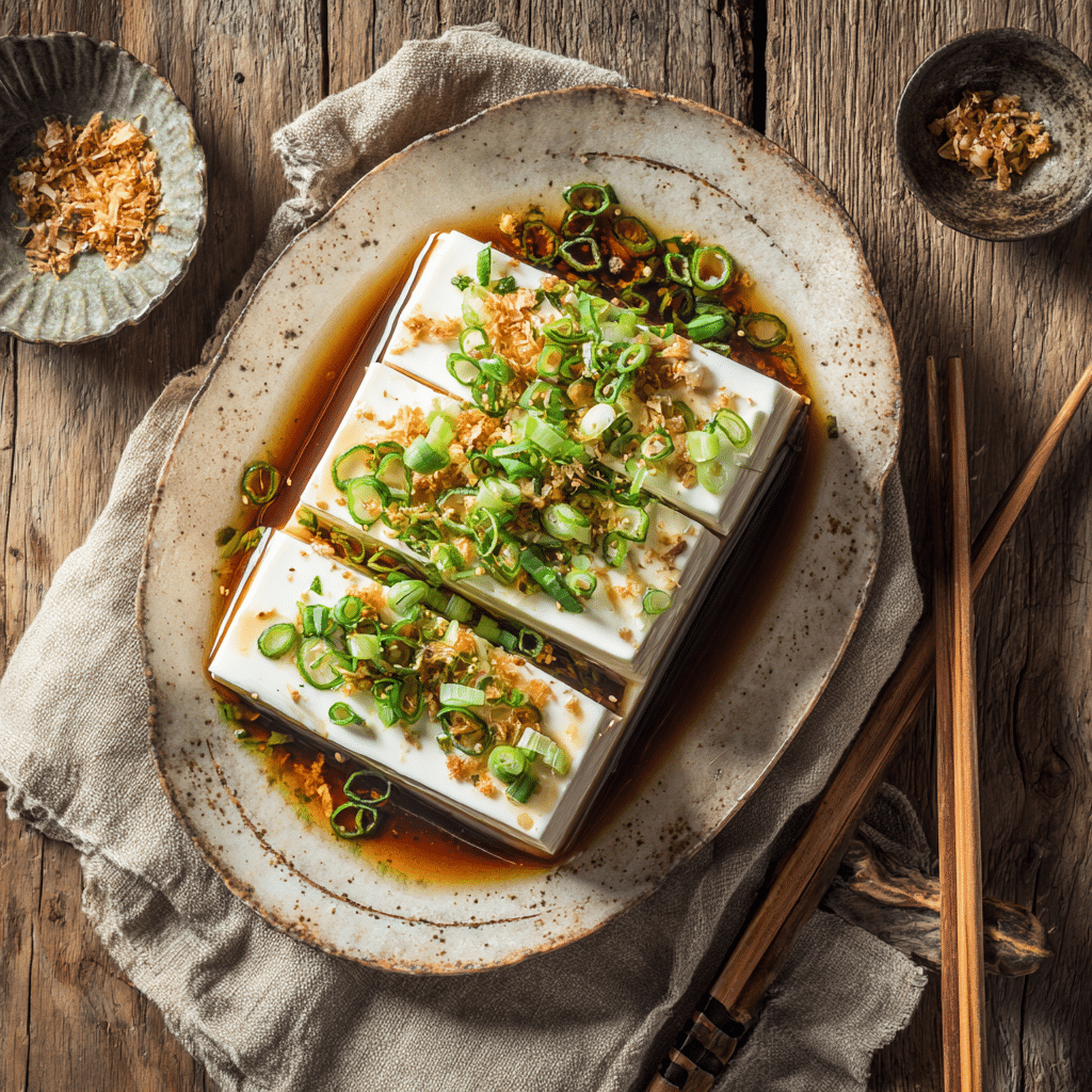 hiyayakko cold tofu salad served with traditional toppings