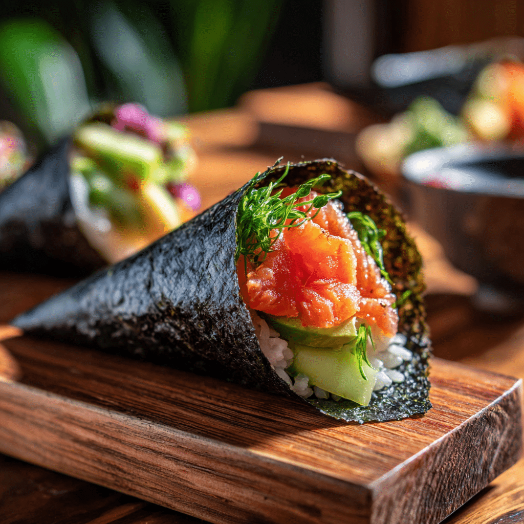 spicy salmon sushi hand roll on wooden board