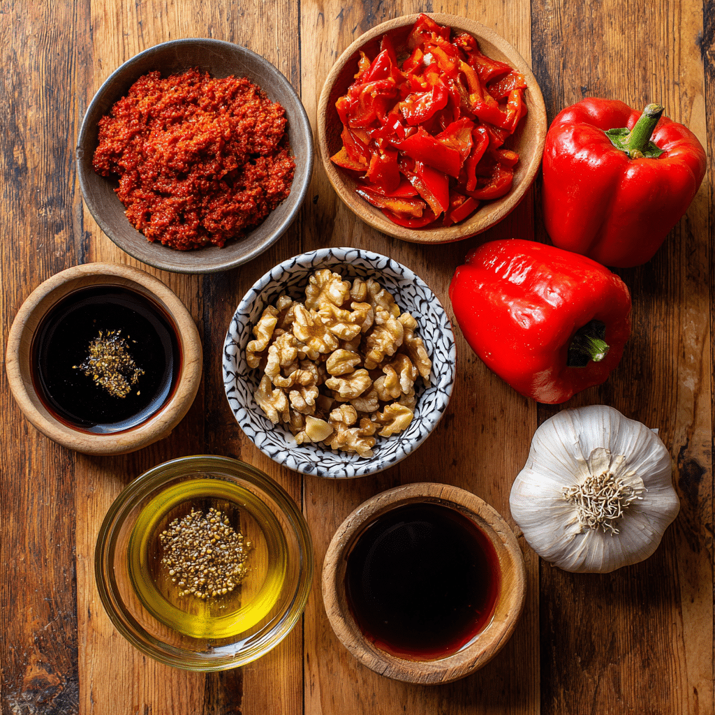 Muhammara Recipe: A Simple, Flavor-Packed Middle Eastern Dip 8 muhammara ingredients laid out flat