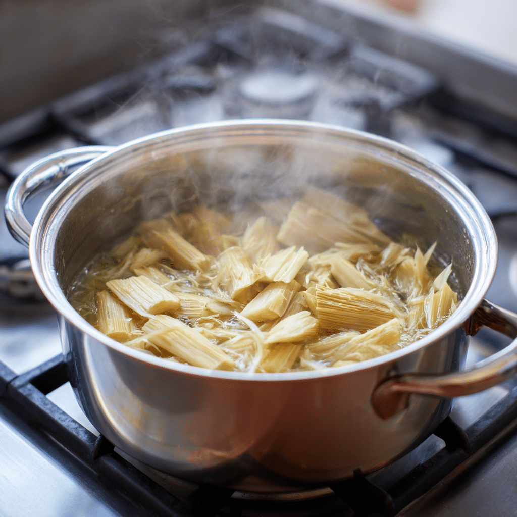 boiling bamboo shoots in pot