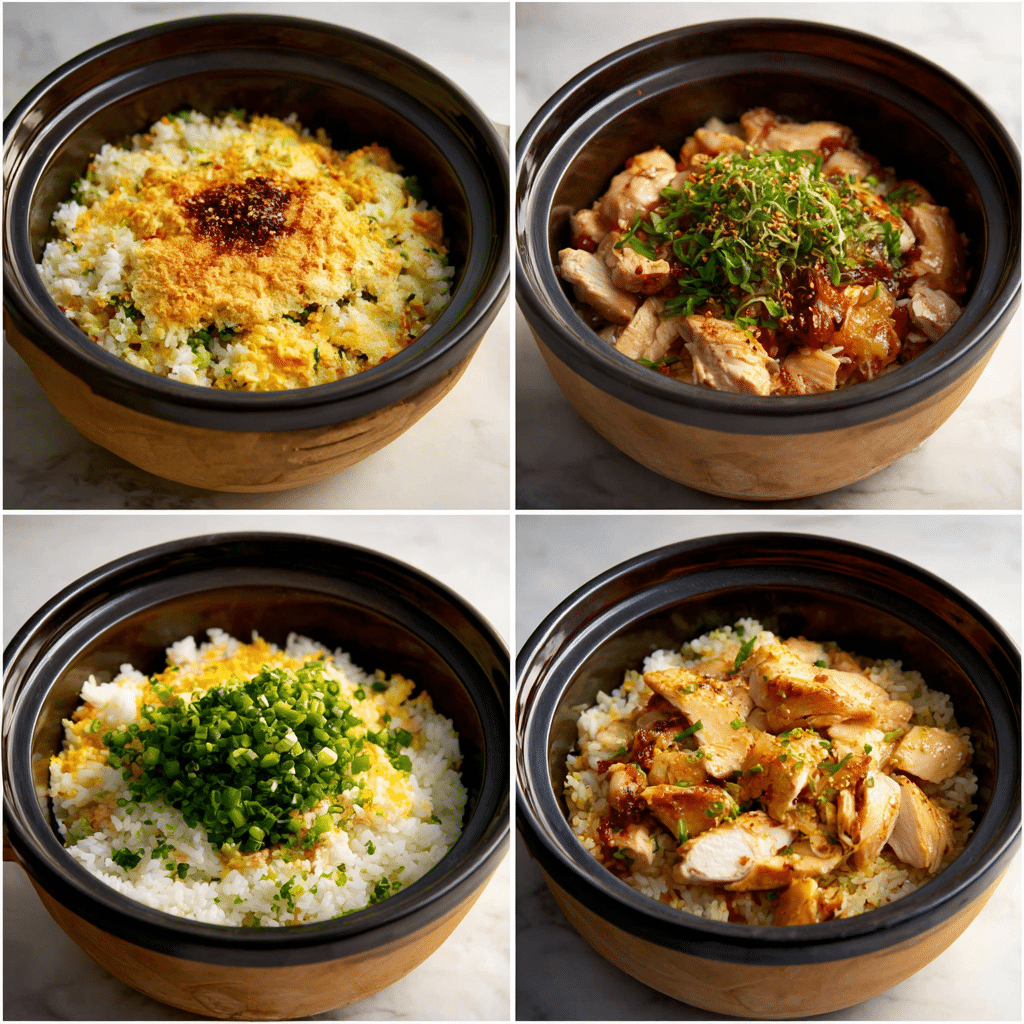 layering chicken on takikomi gohan rice