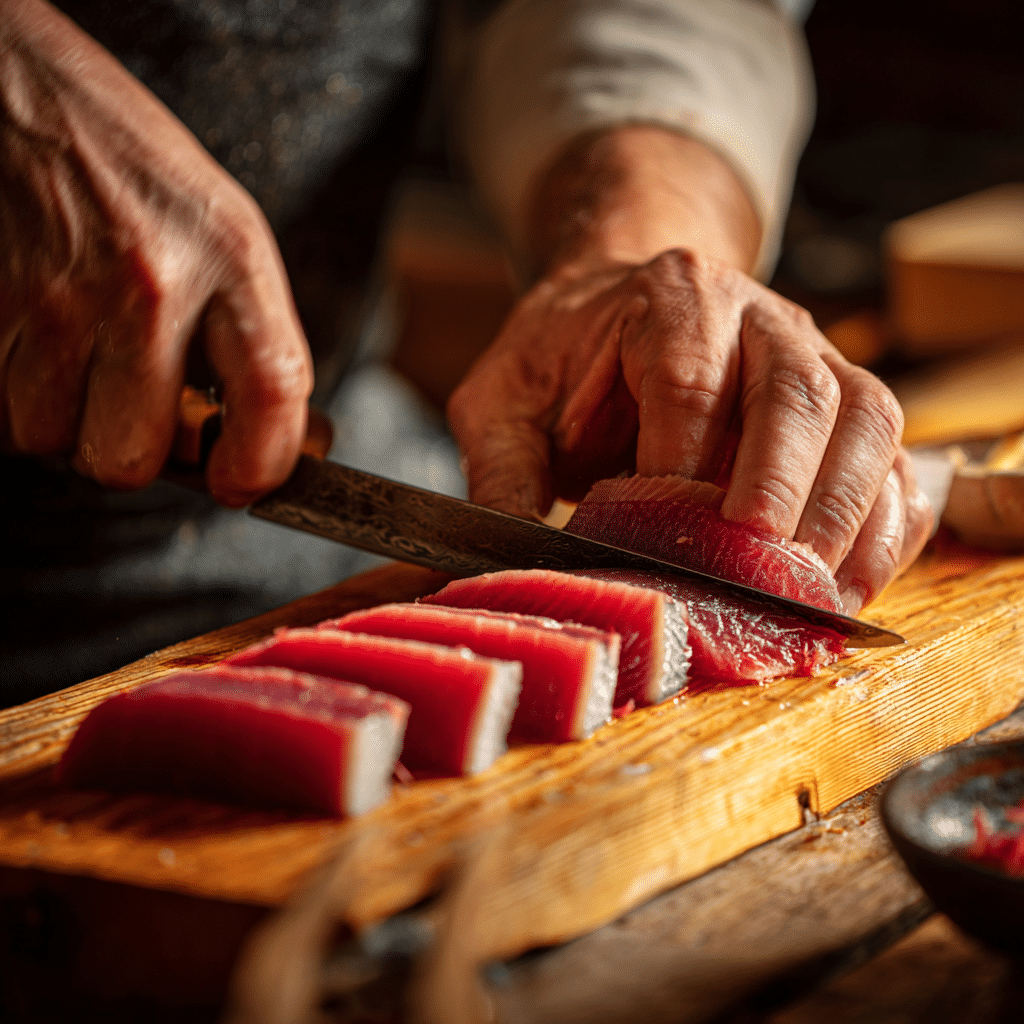 slicing-kanpachi-for-carpaccio.jpg slicing kanpachi sashimi for carpaccio recipe
