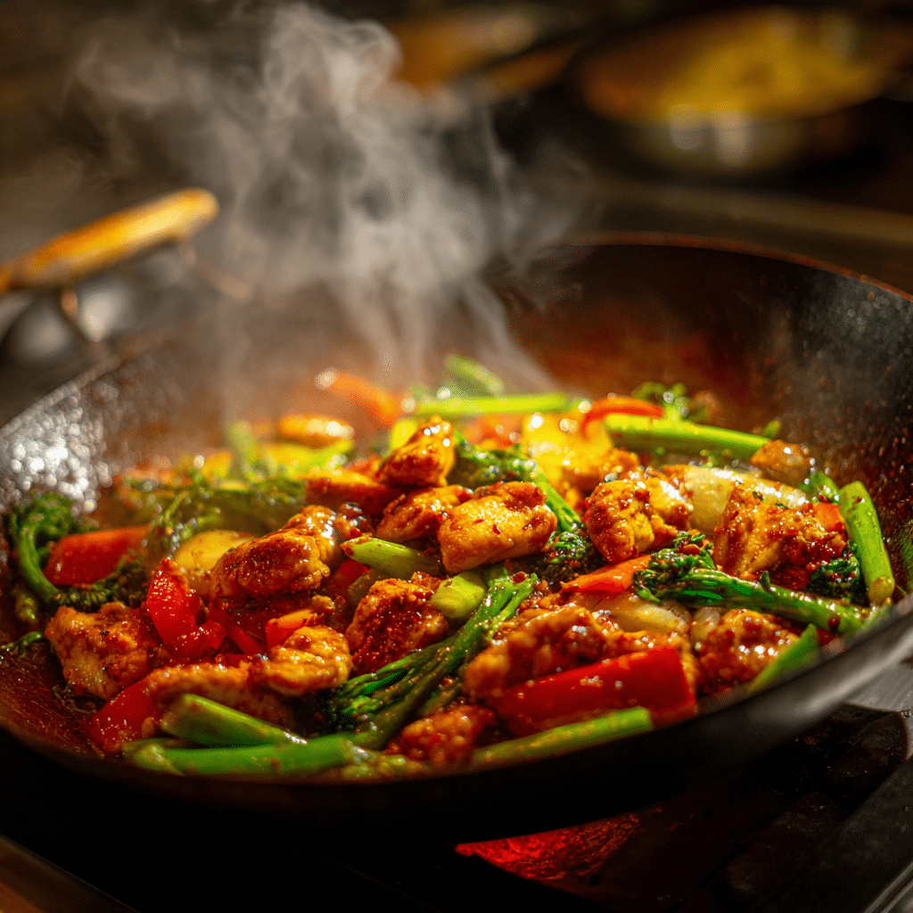 Cooking Hunan chicken in wok with vegetables